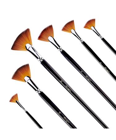 Amagic Fan Brush Set- Artist Soft Anti-Shedding Nylon Hair Paint Brushes for Acrylic Watercolor Oil Painting - Long Wood Handle with Storage Case Set of 6
