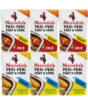 Hot Peri Peri Marinade 120g x3 with Lemon & Herb Peri Peri Marinade 120g x3 - Bundle Consisting of Nando's Coat 'n Cook Sauces x6 Pack