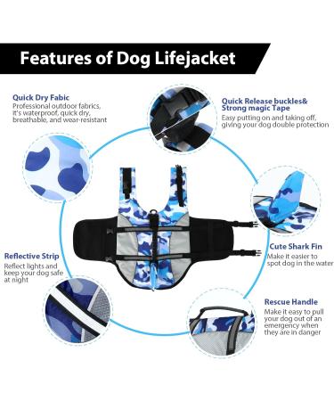 ALAGIRLS BlueCamo-Upgraded Dog Shark Life Jacket | Small Dog Swim Vest with Handle | Adjustable Reflective Cat Life Jacket for Swimming, Boating, and Pool Activities | Puppy Water Flotation Vest - Size S (Chest Girth 42-54cm) - Buy Online on SooperMarket.com