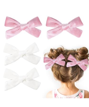 4Pcs Bow Hair Clips for Girls 3.8 Inch Velvet Hair Bows Christmas Hair Clips for Women Toddler Girls(Pink White)