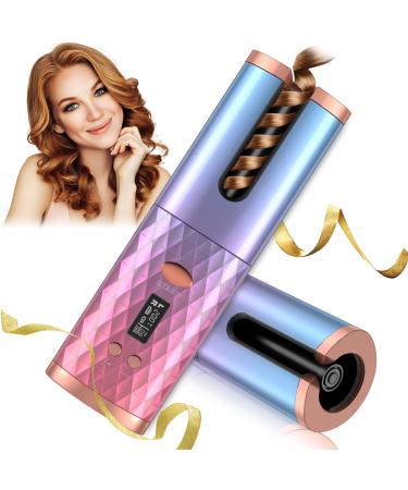 Rotating Curling Iron 1 Inch Cordless Automatic Curling Iron with Ceramic Curling Wand 6 Heat Settings Auto Shut-Off Detangle & Scald-Free Automatic Hair Curler for Hair Styling Pink Blue