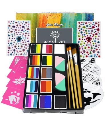 Bowitzki Professional Face Painting Kit For Kids Adults12 x 10gm Face Paint Set Stencil One Stroke Split Cakes Palette Non Toxic Rainbow Flora Unicorn Body Paint Makeup Halloween Christmas Jewels