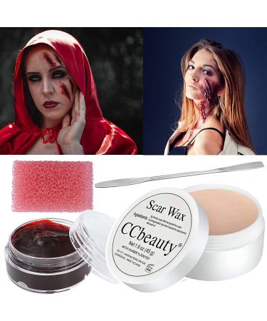 CCbeauty SFX Special Effects Makeup Kit Fake Wound Moulding Scars Wax(1.6 Oz) Kit with Spatula Tool, Scab Blood(0.63Oz), Pink Stipple Sponge for Halloween Stage Fake Cuts Makeup