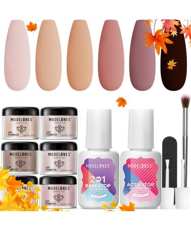 Modelones 6 Colors Dip Powder Nail Kit Starter, 12Pcs Fall Winter Nude Brown Neutral Skin Tone Acrylic Dipping Powder System Liquid Set with Base & Top Coat Activator Dip Nail Kit French Nail Art Beginner Manicure DIY Salo