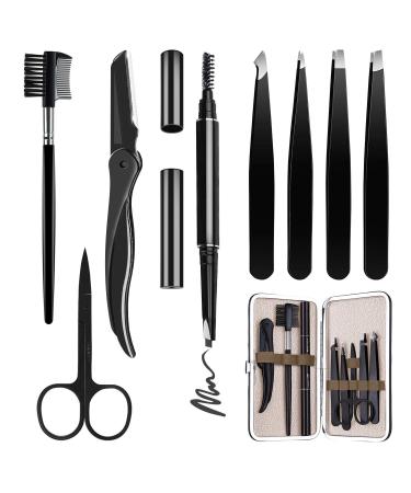 HOCOSY Eyebrow Kit, 8 in 1 Tweezers for Eyebrows, Professional Eyebrow Grooming Set include Stainless Steel Eyebrow Razor Eyebrow Brush Eyebrow Scissors Brown Eyebrow Pen with Travel Case
