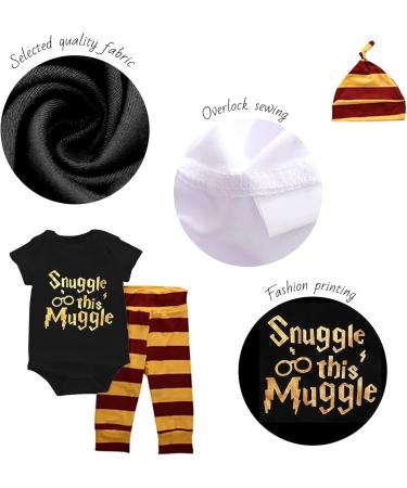 Baby Boys Girls Snuggle This Muggle Bodysuit Set 6-9 Months | Black Short Sleeve Outfit with Striped Pants & Hat - Buy Online on SooperMarket.com