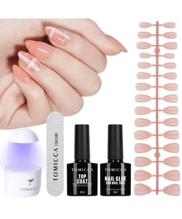 TOMICCA Soft Gel Nail Tips and Glue Gel Kit Easy Gel Nail Kit with 3 in 1 Short Almond Nail Tips 8 in 1 Gel Nail Glue Top Coat and U V LED Nail Lamp Nail Extension Kit Diy Nails Art Home Nude nude-almond