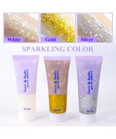 Sularpek 3Pcs Glitter Gel Set - Face, Hair & Body Glitter for Festival Party Makeup - Gold, Silver, White - Buy Online on SooperMarket.com