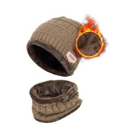 Aisprts Kids Winter Beanie Hat and Scarf Set Knitted Thermal Fleece Lining Hat and Snood Neck Warmer for Boys Girls One Size Khaki