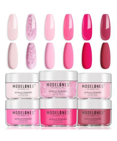 modelones Acrylic Powder 6 Colors Pink Tones Glitter Spring Acrylic Nail Powder Neon Pink Shades Magenta Sakura Light Soft to Dark for Valentine's Nail Art 3D Nail Carving French Nail Extension A3-LoveStruck Blush