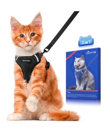 Halypet Cat Harness and Leash Set MAX Safety Third Generation Escape Proof Soft Adjustable Cat Leash Breathable Comfortable Vest Easy to Wear Kitten Harness for Outdoor Walking H200 Pro Black Small