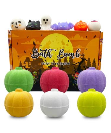 QINGQIU 6 Pack Halloween Pumpkin Bath Bombs with Halloween Squishy Toys Inside for Kids Girls Boys Halloween Toys Halloween Treat Bags Gifts