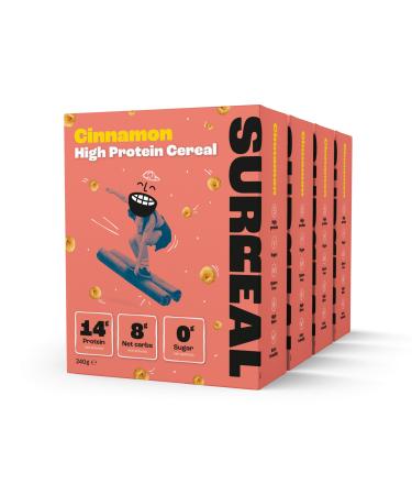 Surreal Cinnamon - High Protein Cereal - Low Sugar- Healthy Plant Based Cereal - High in Fibre- Low Carb - Gluten Free - Vegan - 12g of Protein 0g of Sugar - 240g per Box - 4 Pack (4 x Cinnamon)