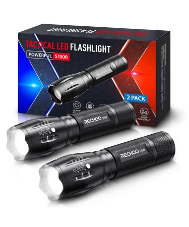 RECHOO Tactical Flashlights 2 Pack, Bright Zoomable LED Flashlights High Lumens with 5 Modes, Portable Small Flash Light for Emergency, Camping, and Outdoor Use