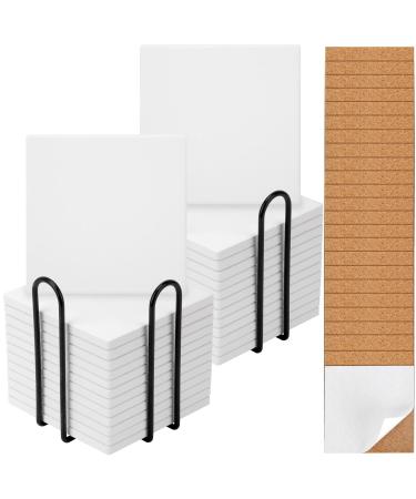 24 Pack Ceramic Tiles for Crafts Coasters with 2 Holder White Unglazed Ceramic Tiles with Cork Backing Pads Use with Alcohol Ink or Acrylic Pouring Make Your Own DIY Coasters (Square)