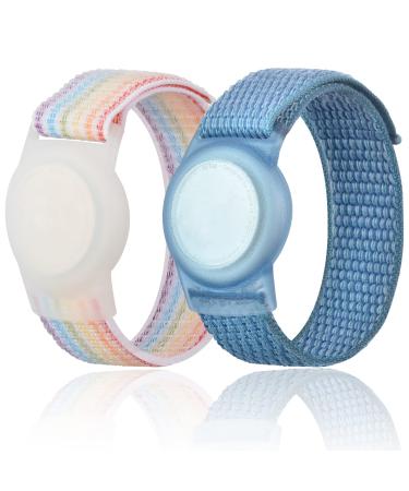 2 Pack Kids Wristband Compatible with Apple AirTag, Protective Case for Air Tag GPS Tracker Holder with Nylon Bracelet, Adjustable Anti Lost Watch Band for Toddler Child Elder (Rainbow & Blue) Rainbow A & Blue