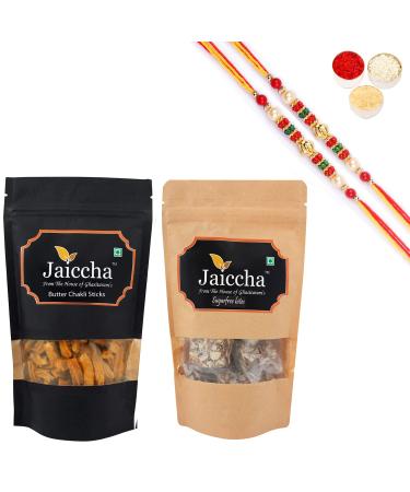 Ghasitaram Gifts Rakhi Gifts for Brothers Rakhi Sweets - Best of 2 Suagrfree Bites 200 GMS and Butter Chakli Sticks 100 GMS Pouch with 2 Pearl Beads Rakhis