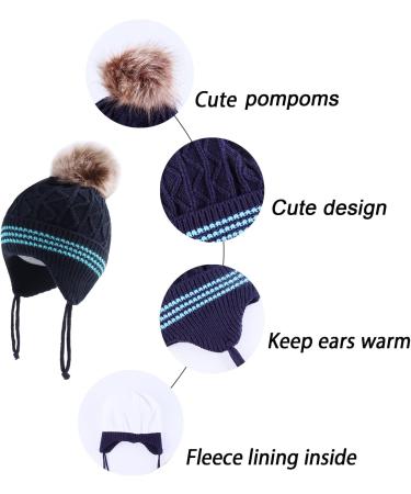 LANGZHEN Toddler Winter Hat Earflap Knit Cap Fleece Lined Beanie for Baby Boys Girls 6-12 Months - Navy-Pompon - Buy Online on SooperMarket.com