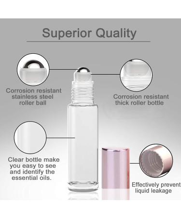 Alledomain 10Pcs 10ml Essential Oil Roller Bottles Refillable Transparent Glass Roll on Bottles Clear Roll Bottles with Stainless Steel Balls & Rose Gold Cap Include 12 Labels Dropper & Opener Color 3 - Buy Online on SooperMarket.com