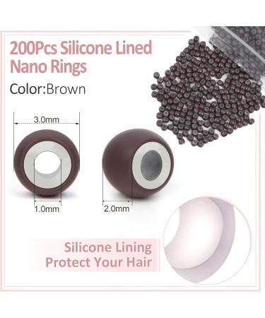 Vlasy Nano Beads 3.0mm 200PCS with Hair Extension Loop Needle Threaders Set - Brown | Silicone Lined Nano Rings for Hair Extensions - Buy Online on SooperMarket.com