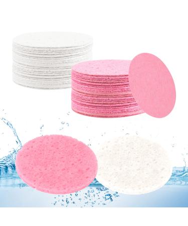 60 Count Facial Sponges Cleansing Compressed Face Sponges Cleansing Natural Wood Pulp Cotton Face Washing Sponge Cosmetic Sponges for Makeup Removal Exfoliating White/Pink