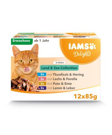 IAMS DELCHTS LAND & SEA Collection cat food wet - multipack with meat and fish varieties in jelly wet food for cats from 1 year 12 x 85 g in jelly 85 g (12 pack)