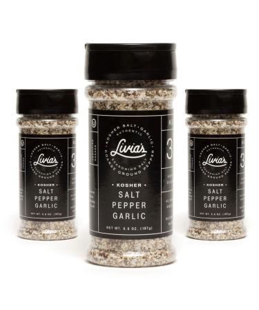 Livia's Seasoning - A Perfect Blend of Kosher Salt, Black Pepper & Garlic. Delicious Spice & Rub for Cooking & Grilling Chicken, Steak, Fish, Burgers or Sprinkling on all Foods - 6.6oz (3 Jar Set) 6.6 Ounce (Pack of 3)