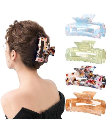 HAYHOI 4PCS Hair Claw Clips Celluloid French Butterfly Jaw Tortoise Shell Grip Pin Teeth Clamp -Leopard Print Stylish Hair Accessories for Women Girls Thick Thin Curly Straight Long Hair Motley 1B