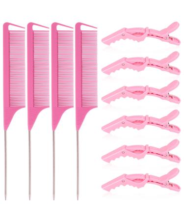 10Pcs Rat Tail Combs Set 4Pcs Hair Parting Comb and 6Pcs Alligator Styling Sectioning Clips Carbon Fiber Combs Heat Resistant Teasing Combs Salon Home Stylist Braiding Comb 10Pcs/Set(B)