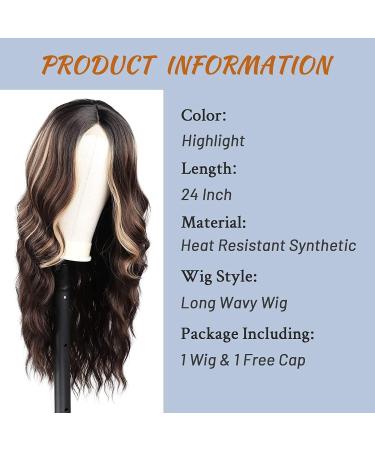 Long Brown Wavy Wig 24 Inch Highlight Wigs for Women Middle Part Curly Synthetic Hair Natural Looking Heat Resistant Fiber for Daily Party Use (Brown Mixed Blonde) - Buy Online on SooperMarket.com