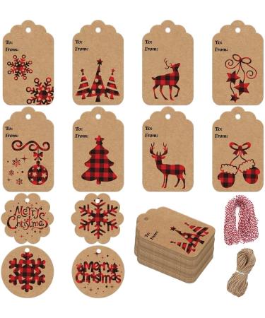 CCINEE Christmas Gift Tags Xmas Kraft Paper Gift Hang Tag Label with Jute Twine for Christmas Gift Wrapping Supply 120pcs Buffalo Plaid