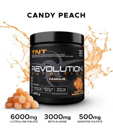 Revolution Nutrition TNT Pre-Workout Powder Pumps & Strength Extreme Intensity Hyper Concentrate Citrulline Malate 2:1 Beta Alanine Agmatine Sulfate Caffeine For Men & Women 255g 30 Servings (Candy Peach 0.56 Pound) - Buy Online on SooperMarket.com