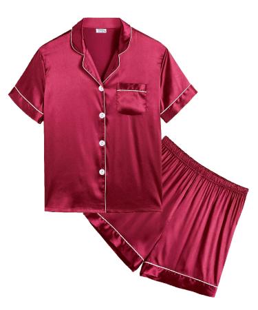 SWOMOG Kids Silk Pyjamas Girls Boys Short Sleeve Satin PJs Sets Button-Down Silky Nightwear Children Sleepwear Teens Age 4-16 10-11 Years Red