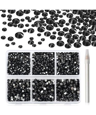 Black Nail Art Rhinestones, Glass Flat Back Rhinestones, Crystals Nail Gems for Nail Design, Rhinestones for Crafts, Face, 3D Nail Jewels Rhinestones Set with Rhinestone Picker Dotting Pen (1880Pcs)