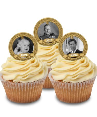 *3 for 2 offer* Cakeshop 24 x 4cm King Charles III 3rd Coronation Gold - 'Over the Years' Historic Photo Edible Cupcake Toppers Cake Decorations - Premium Wafer Precut Pre-Cut Wafer Toppers x 24