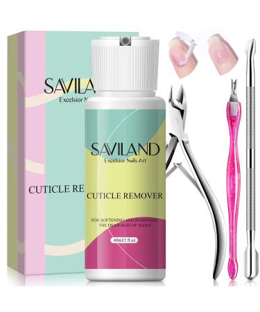 Saviland Upgraded Cuticle Remover Tools Set - 60ml Cuticle Remover Liquid with Cuticle Cutter Cuticle Trimmer Cuticle Nipper and Cuticle Pusher Nail Care Kit for Cuticle Care Cuticle Remover Kit 02