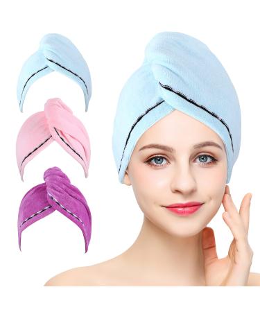 Beoffer microfiber hair towel/hair wrap super-suction-capable rotation in the turban design quick-drying hair cover with a push button and loop for fastening when drying hair 3-pack pink blue violet