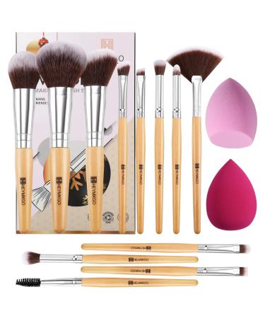HEYMKGO Travel Size Makeup Brush Set 12pcs Small Makeup Brushes & 2pcs Makeup Sponges Foundation Blending Powder Blush Concealer Eyeshadow Eyeliner Makeup Brush Set with Wooden Handle