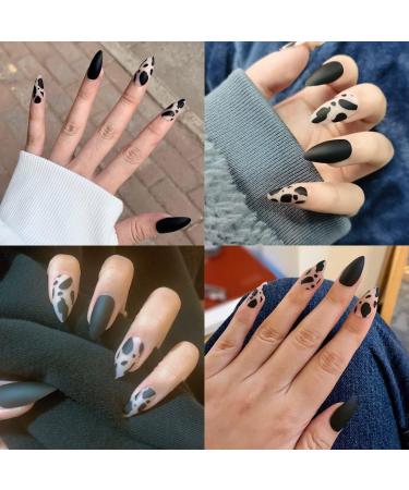 24Pcs Medium Tip Matte Black Frosting Leopard False Nails - Short Press Full Cover Fake Nails for Women and Girls - Buy Online on SooperMarket.com