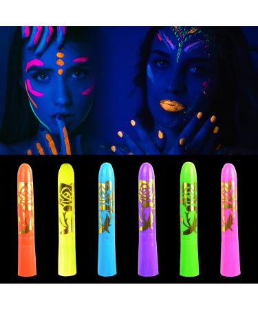6 Pcs Glow in The Black Light Body Face Paint, UV Crayons Kit Fluorescent Body Paints for Adults, Face Painting Kit for Birthday Party Halloween Masquerade Makeup Outdoor for Kids 6pcs