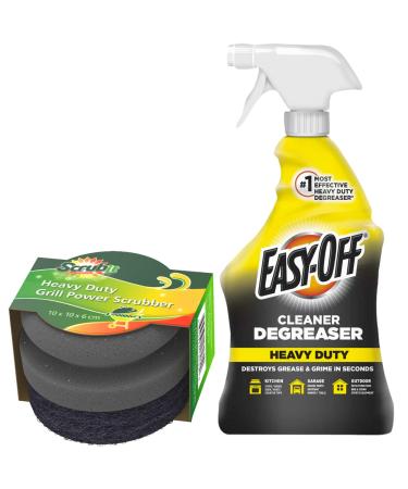 1 Easy Off Heavy Duty Degreaser Cleaner Spray 32 oz. Destroys grease And Grime In Seconds + A Grill Cleaning Brush - Bristle Free BBQ Cleaner with Heavy Duty Scrubber Pad
