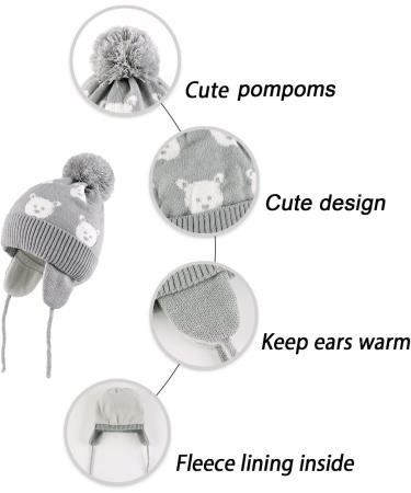LANGZHEN Toddler Kids Winter Hat Earflap Knit Cap | Fleece Lined Beanie for Baby Boys Girls 2-4 Years - Light Grey-Bear - Buy Online on SooperMarket.com
