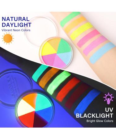 Glow UV Blacklight Face Body Paint Palette - 6 Neon Colors | Water Activated Washable Halloween Makeup & Cosplay Kit - Buy Online on SooperMarket.com