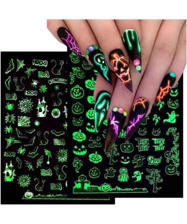 Halloween Nail Art Stickers Glow in The Dark Nail Decals 3D Self-Adhesive Fluorescent Nail Stickers Skull Spider Witch Ghost Pumpkin Bat Snake Nail Design for Women and Girls DIY Acrylic Nail - Buy Online on SooperMarket.com