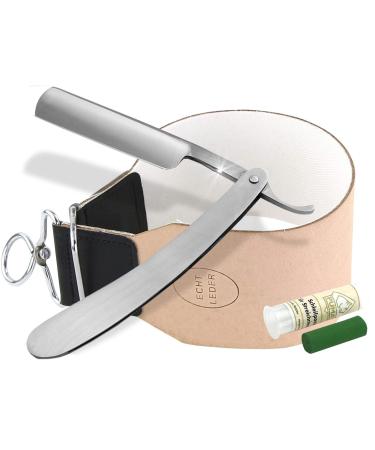 Beginner Shaving Set Stainless Steel Razor with Solingen Paste and Strop Extra Wide Leather Linen Combo Set of 3