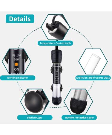 FREESEA Aquarium Fish Tank Heater - 50W Adjustable Thermostat with 2 Suction Cups and Thermometer for Betta, Saltwater, Aquarium, Coral Tank - Buy Online on SooperMarket.com