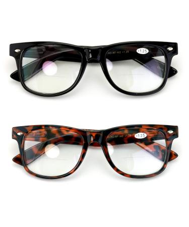 V.W.E. 2 Pairs of Comfortable Classic Retro Reading Glasses - Bifocals - Spring Hinge - Clear Transparent Frame 1 Black 1 Tortoise 1.0 x