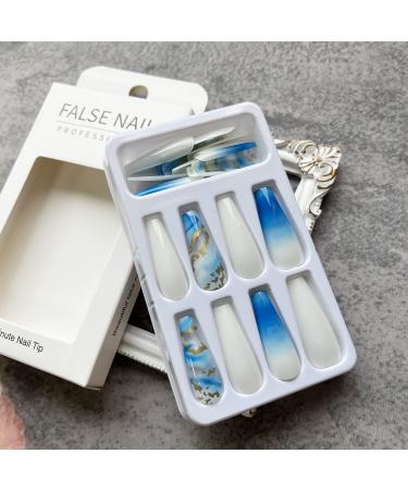 Gradient Blue White Gold Foil Fake Nails - 24Pcs Square Full Cover Long Press-on Nails for Women - Acrylic Glossy False Nails with Designs and Glue-On Technology - Buy Online on SooperMarket.com