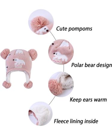 LANGZHEN Toddler Kids Winter Hat Earflap Knit Cap for Boys Girls 2-4 Years - Pink Stripe Polar Bear Design - Buy Online on SooperMarket.com