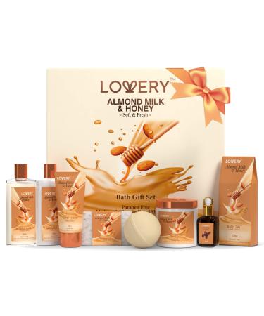 Bath Gift Set, Almond Milk & Honey Spa Kit, Shower Gel, Bath Bomb, Bubble Bath, Body Scrub, Salts, Body Butter, Jojoba Oil & Handmade Oatmeal Soap, Birthday & Holiday Gifts for Women & Men